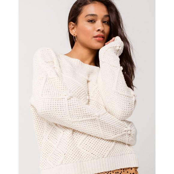 Soft Chenille Beach Sweater Pom Accent Color Cream - Picture 11 of 11